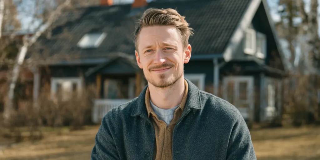 Mies talon edustalla.